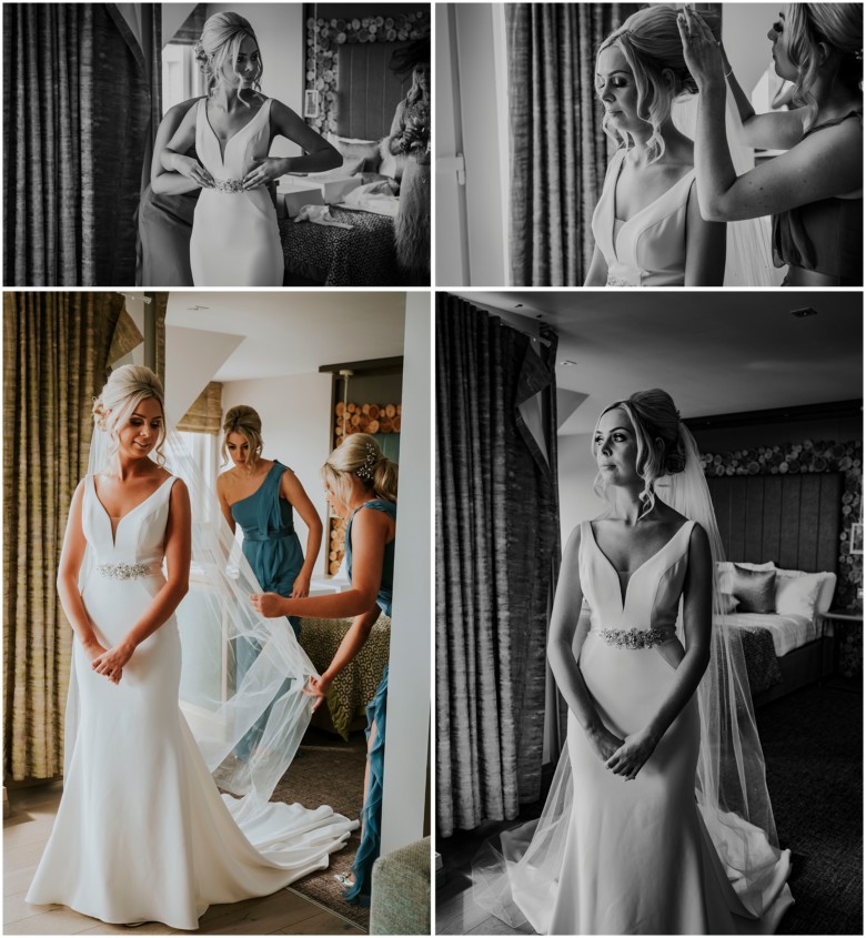 bride and her bridesmaids getting ready