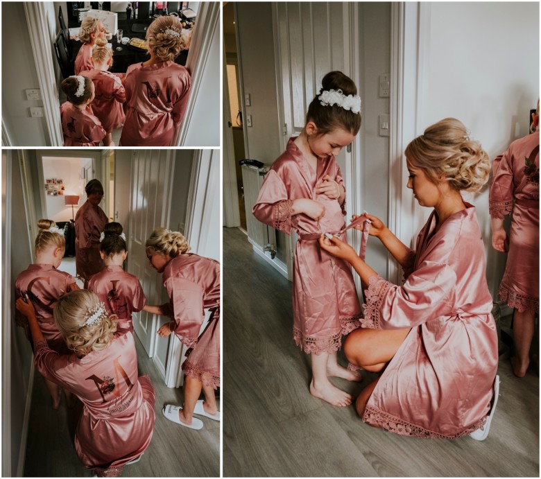 bride and her bridesmaids getting ready