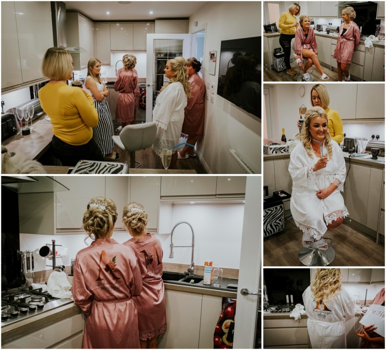 bride and her bridesmaids getting ready