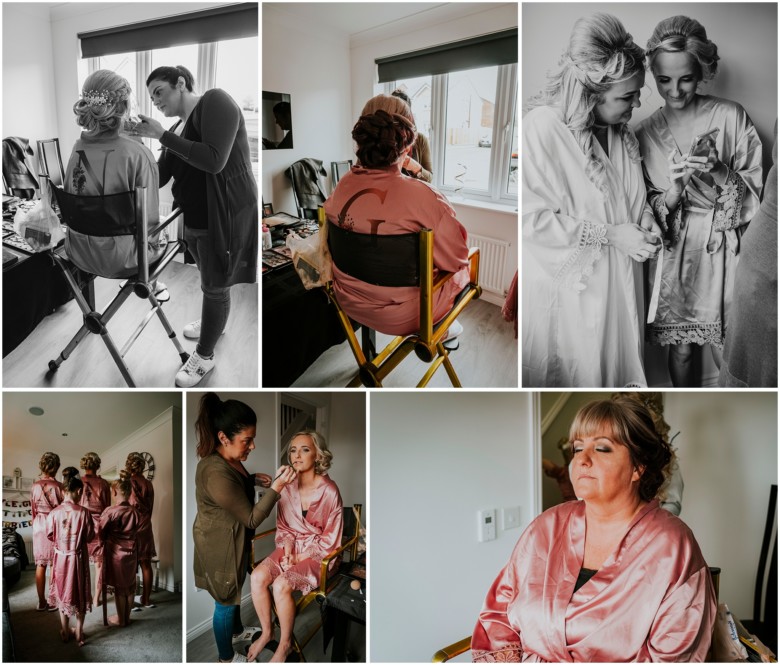 bride and her bridesmaids getting ready