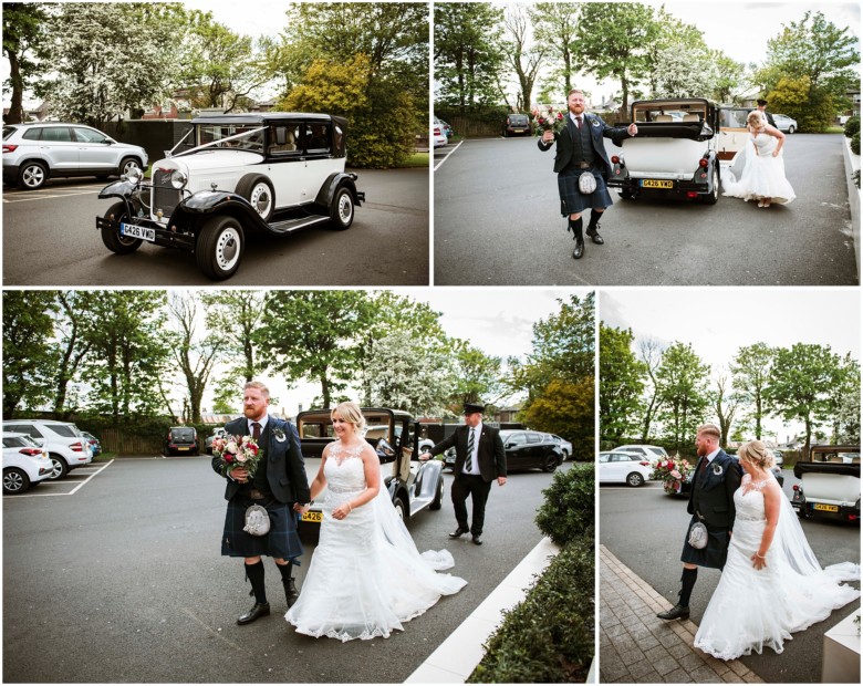 bride and groom arriving at wedding reception