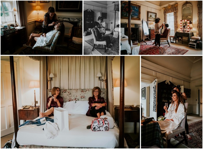 bride and her bridesmaids getting ready