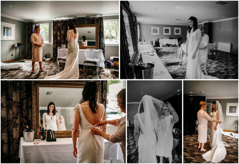 bride and her bridesmaids getting ready for her wedding