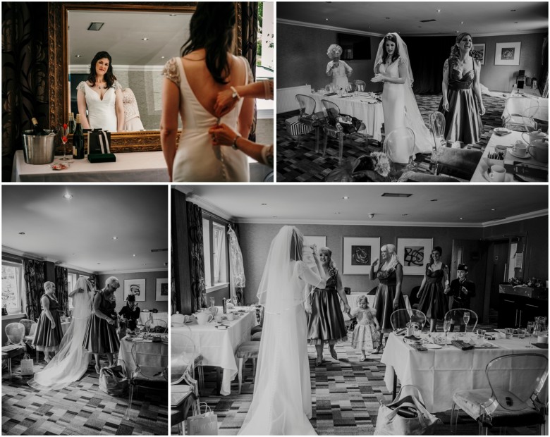 bride and her bridesmaids getting ready for her wedding