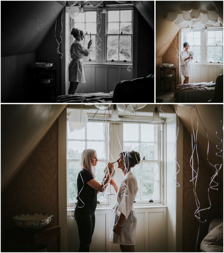 bride and her bridesmaids getting ready