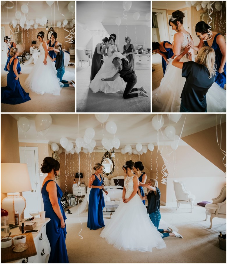 bride and her bridesmaids getting ready