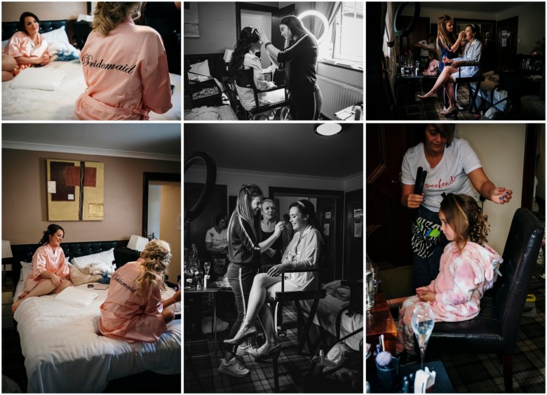 bride and her bridesmaids getting ready