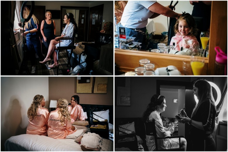 bride and her bridesmaids getting ready