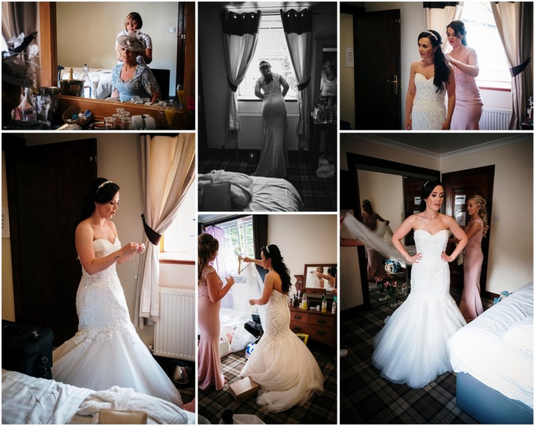 bride and her bridesmaids getting ready