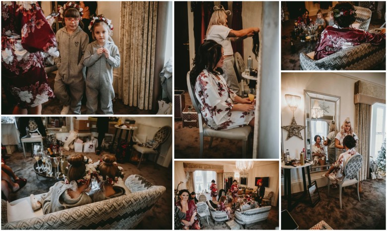 bride and her bridesmaids getting ready