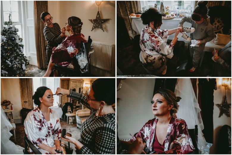 bride and her bridesmaids getting ready