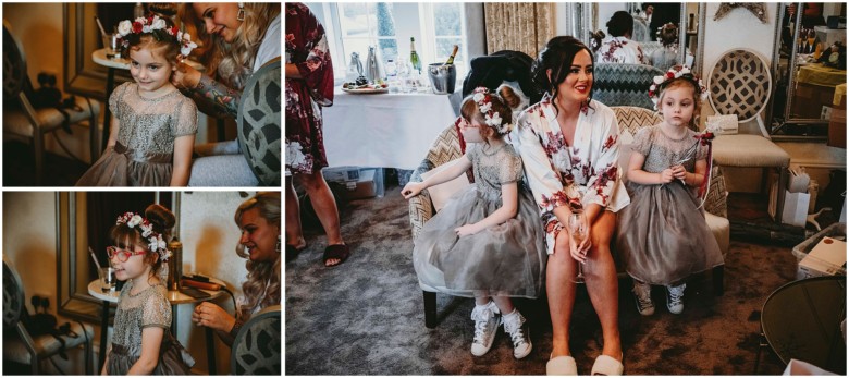 bride and her bridesmaids getting ready