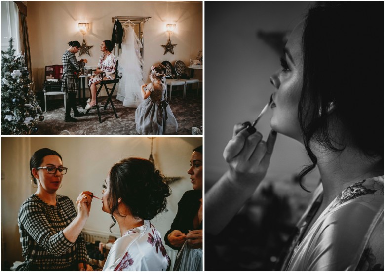 bride and her bridesmaids getting ready