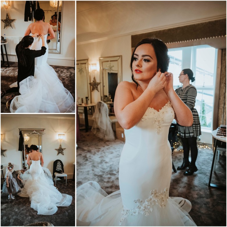 bride and her bridesmaids getting ready