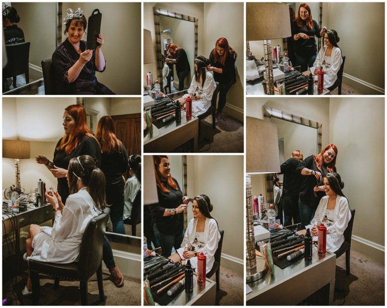 bride and her bridesmaids getting ready