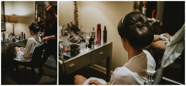 bride and her bridesmaids getting ready